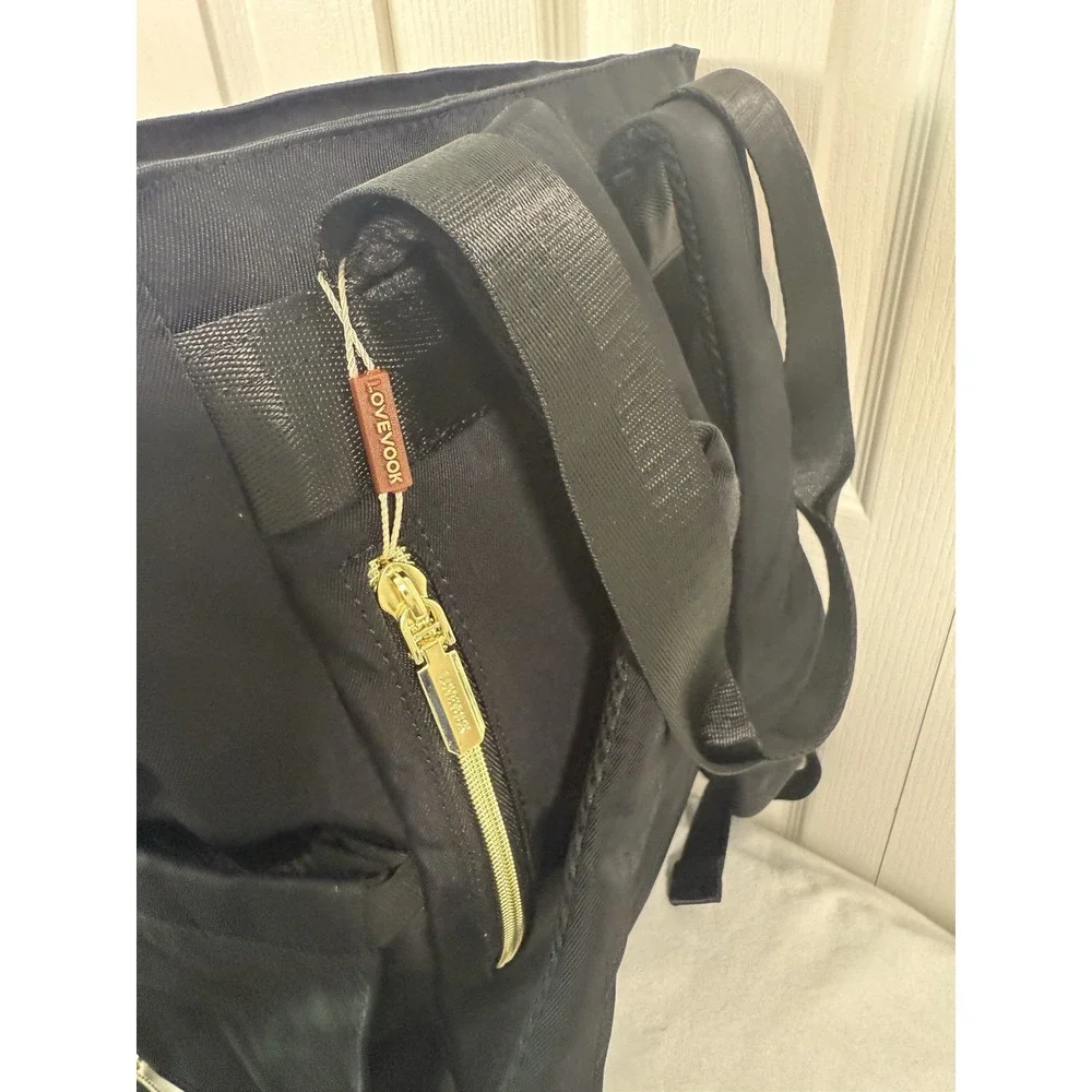 Black Lovevook Backpack Tote Bag 2-Piece Set w/ Pouch Gold Zippers NWT‎
